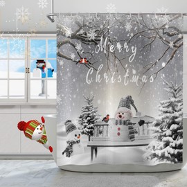 Hnmdmyi Christmas Shower Curtain, 180 x 200 cm, Winter Snowman, Snowflake, Christmas Tree, Cardinal Bird, Holiday, Grey Bath Curtain, Waterproof, Polyester Fabric, Washable Bath Curtain with Hooks