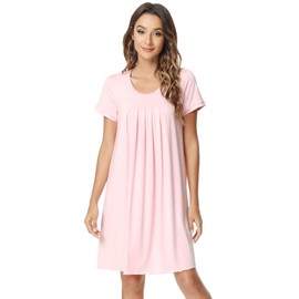 NACHILA Nightgowns for Women-Viscose Made from Bamboo, Short Sleeve Nightshirt Pleated Sleepshirts Soft Sleepwear Pink S