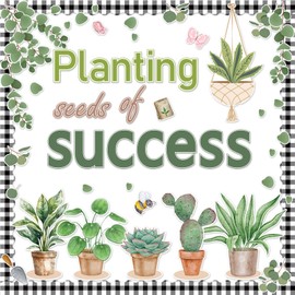Justforjoyful Summer Greenery Potted Plant Bulletin Board Classroom Decorations Eucalyptus Cutouts Plant Seeds of Success April Bulletin Board for School Home Nursery Chalkboard Farmhouse Door Decor