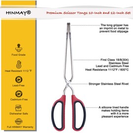 HINMAY Scissor Tongs 10-Inch and 12-Inch Set Stainless Steel Scissor Kitchen Tongs, Set of 2