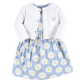 Hudson Baby Baby Girls' Cotton Dress and Cardigan Set, Blue Daisy, 6-9 Months