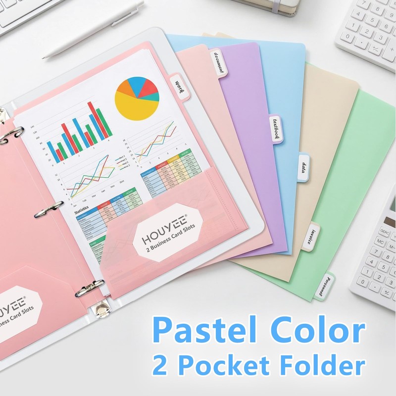 Plastic Folders with 2 Pockets 3 Hole Punched, 6 Pack,