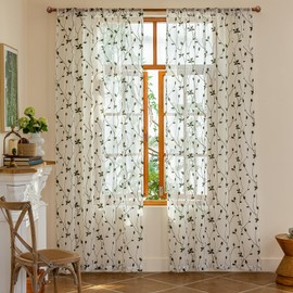 2 Panels Embroidered Leaf Pattern Semi Sheer Curtains Foliage Floral Voile Window Draperies Treatment for Bedroom Living Room Rod Pocket White Olive Green 53 x 84 Inch