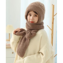 CheChury Knitted Hats Women's Hat Scarf Winter Integrated Ear Protection Windproof Hat Scarf 2 in 1 Winter Hats and Scarf Women's Hooded Scarf Women Winter Scarf Warm Hat with Fleece Lining, khaki