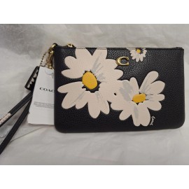Coach Floral Small Wristlet Black Leather New