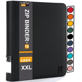 KarlyPro Premium 1000+ Pockets Card Binder, 16-Pocket Ringless Trading Card Album Folder Tag Design -Double Side Loading UltraSonic-1024 Tech Zip Binder for TCG-Black