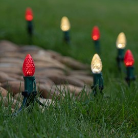 50’ OptiCore LED C7 Red and Warm White Pathway Christmas Lights, C7 Driveway Lights Walkway Lights, 4.5” Stakes, Green Wire Plug String Lights