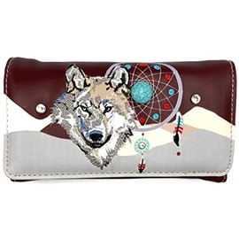Wolf Embroidery Dream Catcher Feather Tribal Conceal Carry Tote Handbag Purse (Wine Red Wallet Only)