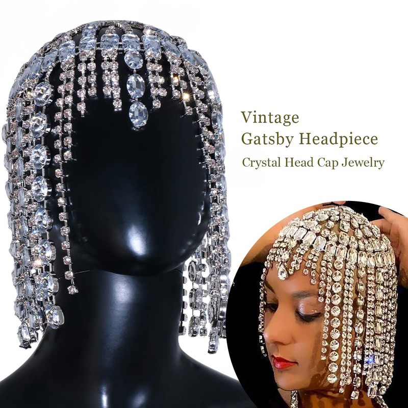 STONEFANS Vintage 1920s Rhinestone Headpiece Cap for Women Crystal Flapper
