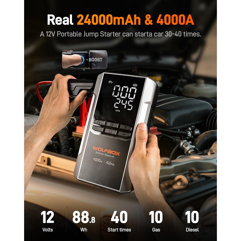 WOLFBOX 4000A Jump Starter with 160PSI Air Compressor, 12V Car