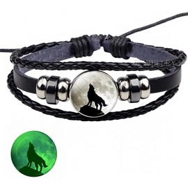 RICHARD-911 Pulsera Brazalete Lobo Luna Brilla En La Oscuridad Fosforescente Joyería Regalo Pareja Hombre Mujer Cuero Trenzado Esclava, Mex