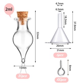 Geiserailie Mini Glass Bottles Potion Bottles Teardrop Shaped Glass Bottles Jars with Cork Stoppers with Eye Screws and Small Funnels for Christmas Birthday Party Favors DIY Art Crafts(186 Pieces)