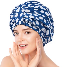 YFONG Reusable Shower Cap for Women, Waterproof & Durable Bath Cap with Double layer Lined, Adjustable Hair Cap for All Hair Lengths, Large Bathing Hat