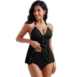 RXRXCOCO Women Halter Tankini Swimsuits Tummy Control Swimsuit Flowy V Neck Bathing Suits Black XX-Large