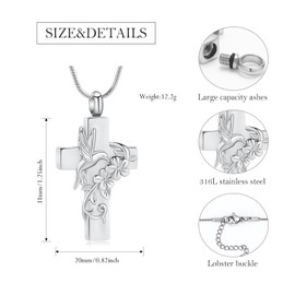 mingkejw Hummingbird Cross Urn Necklace for Ashes Cremation Jewelry for Women Men Stainless Steel Memorial Necklaces Ash Holder for Human Pets Keepsake Jewelry for Loved Ones with Fill Tool