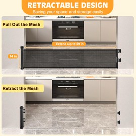 Retractable Short Dog Gate - Small Puppy Mesh Safety Pet to Step Over Gates Doggy Door for Doorways Stairs Kitchen Hallways Indoor, 14" Tall, Extends up to 59" Wide, Black