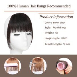 YBYMCAI Clip In Bangs-Real Human Hair Brown Black Clip On Bangs Hair Extensions Fake Bangs Human Hair French Bangs Fringe With Temples Hairpieces Curved Bangs For Daily Wear