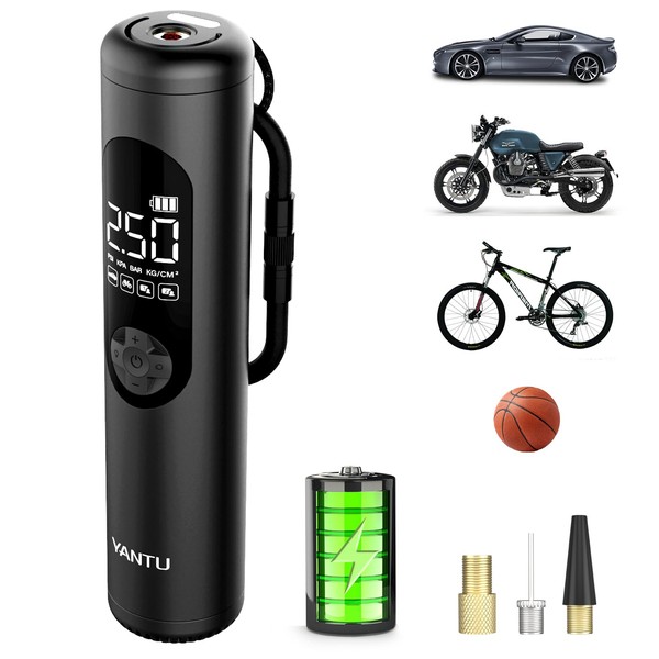 Yantu Tyre Inflator | Cordless Rechargeable Air Compressor | Emergency Light | Power Bank - Essential Car Accessories for Men and Women | Car Tyre Inflator and Pump, Digital Pressure Gauge