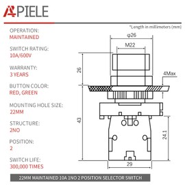 APIELE 2PCS 22MM 3 Position Selector Switch Maintained 1NO1NO LA139A-ED33 (3 Position Maintained)