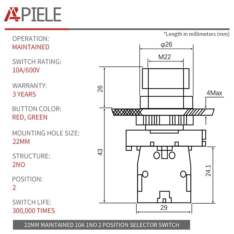 APIELE 2PCS 22MM 3 Position Selector Switch Maintained 1NO1NO LA139A-ED33