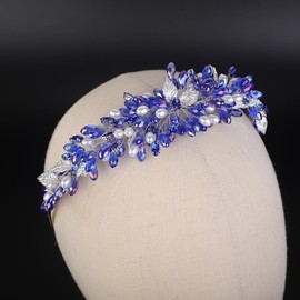 Teyglen Bridal Wedding Crystal Headband Blue Rhinestone Pearl Beads Headband Hair Crown Handmade Leaf Headpiece Hair Accessories for Women Party Prom (Blue)