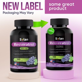 SYLAN Trans Resveratrol Supplement, 1000mg, 180 Veggie Capsules, Antioxidant, Supports Heart, Joint, Brain, Immune Health & Anti-Aging, Non-GMO, Made in USA, Resveratrol 500mg Powder per Capsul