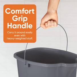 Superio Plastic Bucket with Grip Handle, 16 Liter Large Spout Cleaning Pail Grey, Heavy Duty Bucket Home Floor Mopping, Bath, Car Wash, Bowls for Camping, Fishing