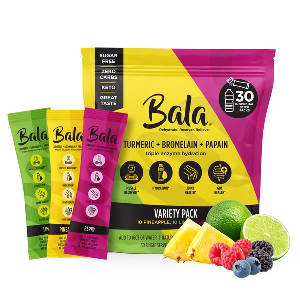 BALA Hydration Turmeric Drink Mix Packet | Sugar-Free Electrolyte Powder, Muscle Recovery, Immune Support, Joint Relief | Plant-Based Enzymes, Bromelain -Variety (30 Pack)