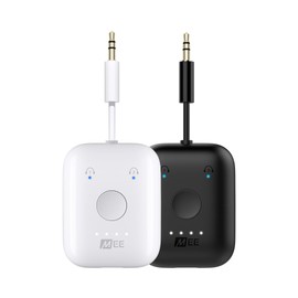 MEE audio Connect Air (2 PACK) in-Flight Bluetooth Wireless Audio Transmitter Adapter for up to 2 AirPods/Other Headphones; Works with All 3.5mm Aux Jacks on Airplanes, Gym, TVs, & Gaming, Black&White