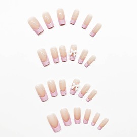 Pearl Press on Nails Pink French Tips Long Fake Nails White Bow Design Square Shaped False Nails Glossy Bling Acrylic Nails White Full Cover Stick on Nails for Women Girls Nail Supplies 24 Pcs