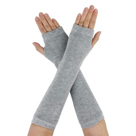 sourcing map Women's Winter Warmers Fingerless Thumbhole Elastic Long Knitted Party Costume Gloves Light Gray One Size