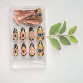 Almond Press on Nails Spring Insect Design Fake Nails Glossy Medium Length Black Solid Color False Nails Cute Butterfly Dragonfly Acrylic Nails 24Pcs French Glue on Nails for Manicure Decor