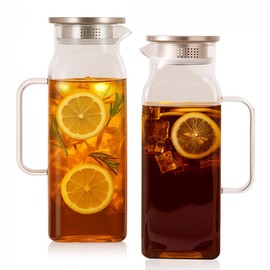 Vekonn 2 Pack Square Glass Water Pitcher with Lid and Spout, 2L/68oz Heat Resistant Borosilicate Glass Carafe, Temperature Safe