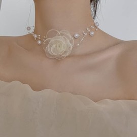 Black Flower Rose Flower Pearl Choker Necklace for Women Lace Velvet Choker Necklaces Layered White Black Fabric Foral Rosette Necklace (Pearl White)