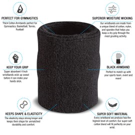 Suddora Arm Sweatbands, Absorbent and Breathable Thick Cotton Bands for Working Out, Gymnastics, Basketball, Tennis, and Football, Multiuse 4-inch Wristbands for Costumes and Cosplay, Black