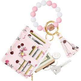 Bistup Wallet Keychain Wristlet for Women - Credit Card Holder Wallets Key Chain Ring Cute Design Slim Small RFID Coin Pocket Purse for Ladies Teen Girls Fashion Cherry