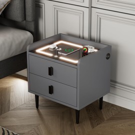 SPOFLYINN Modern Nightstand with Adjustable LED Lights Wireless Charging Station USB Charging End Side Table with 2 Drawers for Bedroom Gray One Size