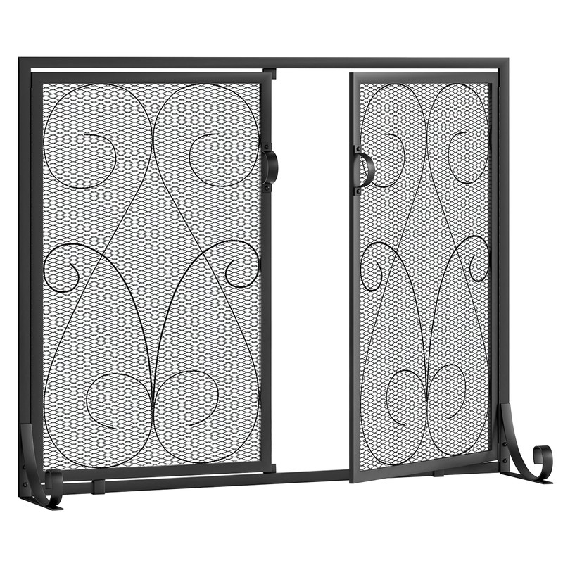 Kingson 2-Panel Fireplace Screen with Doors Handcrafted Wrought Iron Decorative