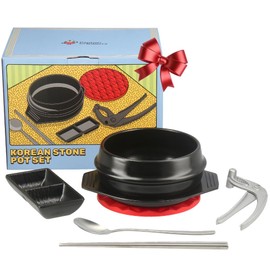 Captain Cranberry Korean Stone Pot Set (7-piece, 38.7oz with Hot Pot Grip), Dolsot, Korean Clay Pot, Ttukbaegi, Ceramic Pots for Cooking, Soup Pot, Earthenware Claypot, Bibimbap, Ramen