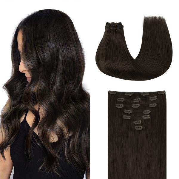 GOO GOO Clip-In Real Hair Extensions 7 Pieces 120 g 40 cm 16 Inches Dark Brown Natural Remy Real Hair Extensions for Women Straight Long Soft Hair Extensions