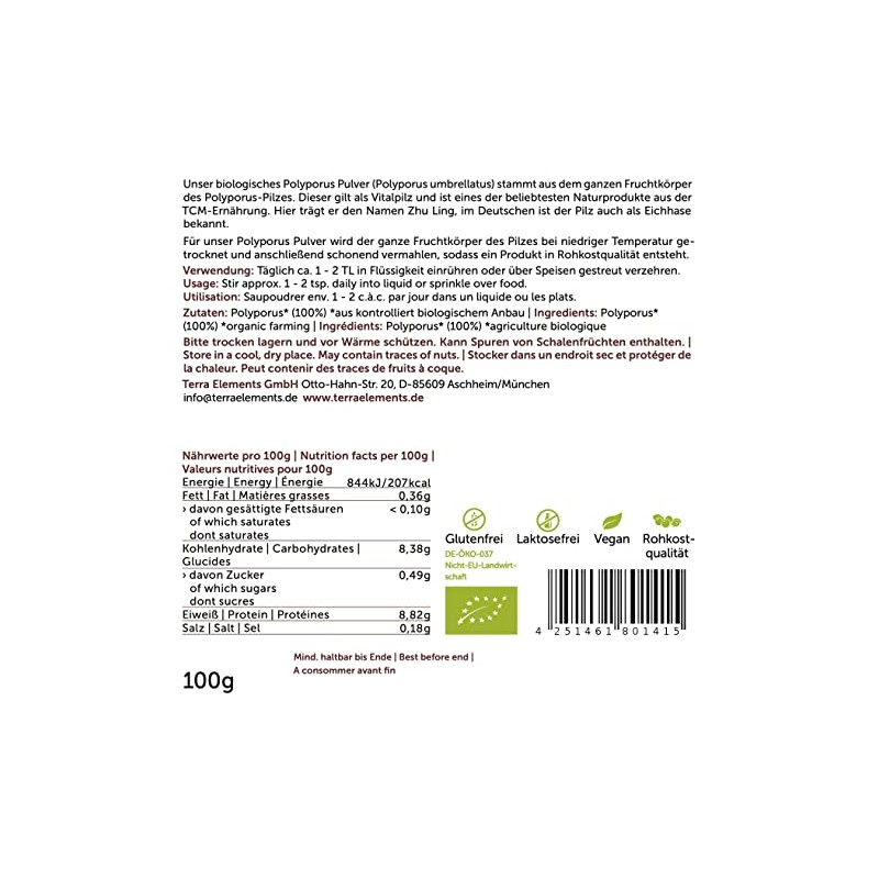 Terra Elements Bio Polyporus Pulver 100 g I Zhu Ling