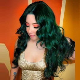 Jolelyne Dark Green Wavy layered Wigs with Curtain Bangs for Women Long Green Body wave Layered Wavy with Bangs Synthetic Heat Resistant Fiber Wigs for Girls Daily Party Use (GREEN)