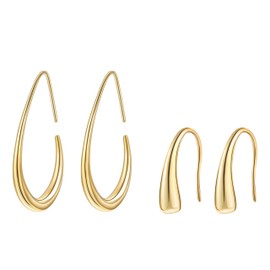 2 Pairs Lightweight Teardrop Hoop Earring for Women,14k Gold Plated Large Small Size Oval Pull Through Hoop Earrings Teen Gift,High Polished Statement Trendy Jewelry for Women Non Tarnish.