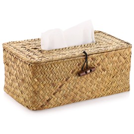 BTSKY Rectangular Rattan Tissue Box Cover - Woven Tissue Box Holder Seagrass Decorative Napkin Dispenser Holder Box Wicker Facial Tissue Paper Holder for Car Home Office (Light Yellow)
