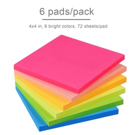 Sticky Notes 4x4 in Bright Stickies Colorful Super Sticking Power Memo Pads Strong Adhesive 6 Pads/Pack 72 Sheets/pad…