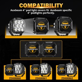 Auxbeam 4 inch Pod Light Covers, Black Offroad Cover Waterproof Polycarbonate Protective Lens for LED Pods Driving Fog Light (Fit for ZD000860, ZD000861, ZD000862), Pair