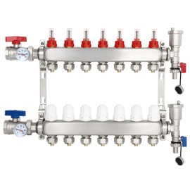 7 Loops Radiant Heating Manifold，Stainless Steel Manifold Set Floor Heating Hydronic Radiant with 1/2" PEX Tubing Adapters
