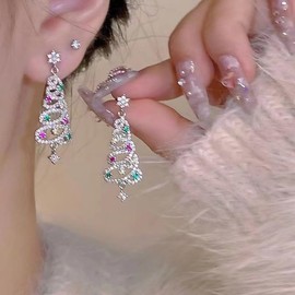 MALOYANVE Christmas Earrings for Women Snowflakes Candy Cane Jingle Bell Xmas Gifts Shining Crystal Holiday Party Winter Dangle Drop Earrings New Year Statement Jewerly Gifts (Crystal Christmas Tree)