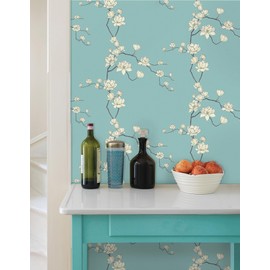 GloryTik Floral Peel and Stick Wallpaper Blue Contact Paper Beige Floral Wall Paper Modern Self Adhesive Removable Waterproof Wallpaper for Bedroom Bathroom Cabinets Room Walls 17.3" x 78.7"