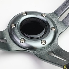 DNA MOTORING 350mm Racing Steering Wheel + Horn Button, 6-Bolt Aluminum Frame Vinyl Leather Cover Car Sport Steering Wheel, Gun Metal Spoke/Yellow Stripe, SW-ZTL-9043-GM-YL